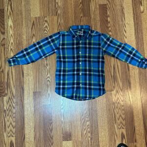 Cat & Jack Boys Blue Green Plaid Button Down S 6/7 FLAW